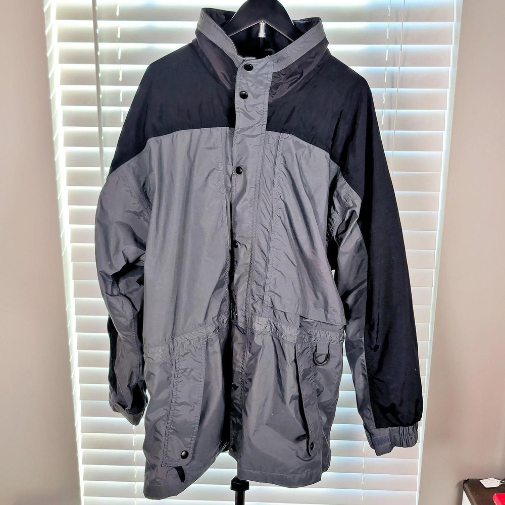 Vintage Luna Pier Waterproof Jacket Men's XL Gray Black Hooded Windbreaker